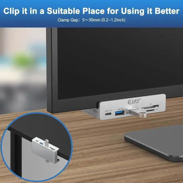 Alt view image 2 of 5 - EJAY 5Ports USB3.0 HUB Alu Splitter Desktop Docking with TF&SD Card Reader for Desk/Monitors Clipping with Extra Power Supply Port,59inches Data & 39inches Power Cable-5Gbps (JK-2A1CTS-SV)