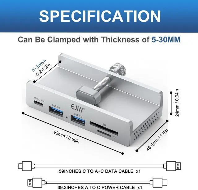 Alt view image 3 of 5 - EJAY 5Ports USB3.0 HUB Alu Splitter Desktop Docking with TF&SD Card Reader for Desk/Monitors Clipping with Extra Power Supply Port,59inches Data & 39inches Power Cable-5Gbps (JK-2A1CTS-SV)