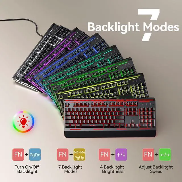 Alt view image 2 of 5 - TECKNET Wired Gaming Keyboard, 2.4G USB Computer Keyboards, 7-Color & 4 Modes Backlit, Whisper Quiet Switches, Full Size Quiet Keyboard for Windows Desktop, PC, Laptop, Gaming