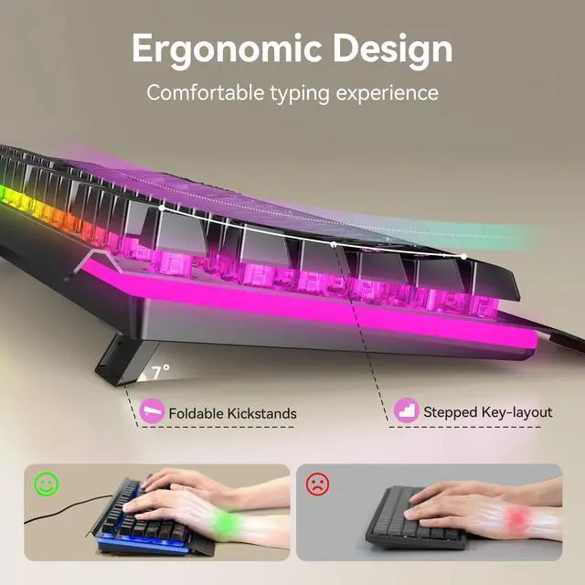 Alt view image 3 of 5 - TECKNET Wired Gaming Keyboard, 2.4G USB Computer Keyboards, 7-Color & 4 Modes Backlit, Whisper Quiet Switches, Full Size Quiet Keyboard for Windows Desktop, PC, Laptop, Gaming