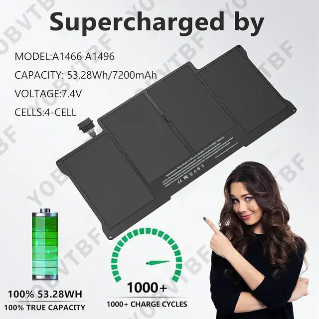 Alt view image 2 of 5 - A1466 A1405 Battery Replacement for MacBook Air 13 inch A1466(Mid 2012,Mid 2013,Early 2014, Early 2015,2017) A1369(Late 2010,Mid 2011 Version) fits A1496 A1377 Battery High Performance 7.6V 55Wh
