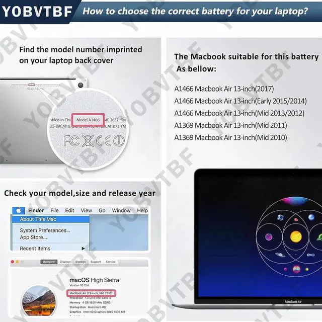 Alt view image 5 of 5 - A1466 A1405 Battery Replacement for MacBook Air 13 inch A1466(Mid 2012,Mid 2013,Early 2014, Early 2015,2017) A1369(Late 2010,Mid 2011 Version) fits A1496 A1377 Battery High Performance 7.6V 55Wh