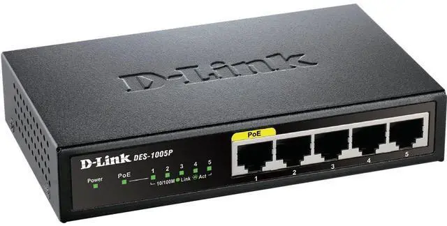 Main image of D-Link Ethernet PoE Switch, 5 Port Unmanaged with 4 PoE Ports Fanless Desktop or Wall Mount Plug and Play (DES-1005P), Black