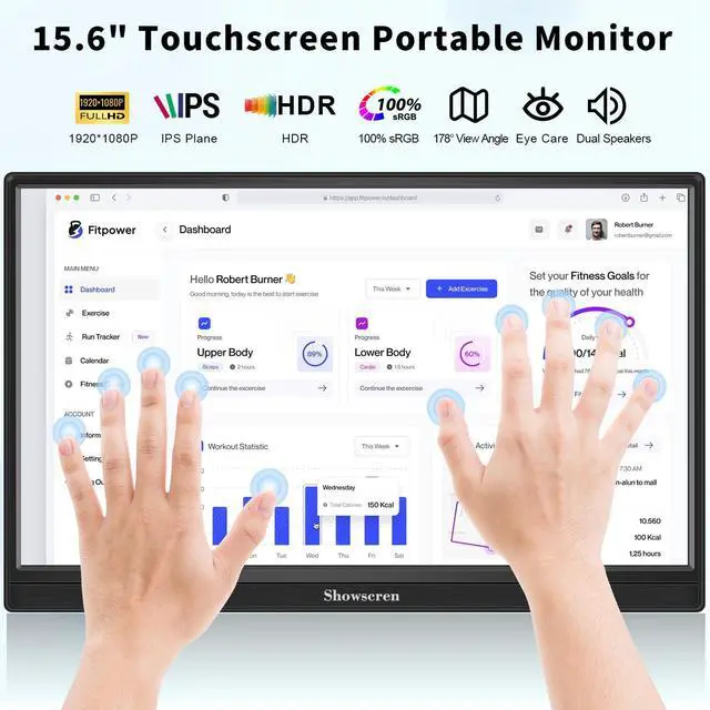 Alt view image 3 of 5 - Touchscreen Portable Monitor, 15.6inch Monitor HDR IPS FHD 1920x1080 300cd/m² 10 Point Touch Display USB C/HDMI Computer Monitor with Dual Speakers for Xbox/Raspberry Pi/Laptop/PC/xbox/PS4/5