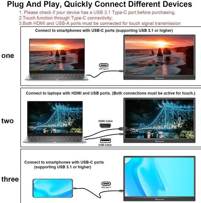 Alt view image 5 of 5 - Touchscreen Portable Monitor, 15.6inch Monitor HDR IPS FHD 1920x1080 300cd/m² 10 Point Touch Display USB C/HDMI Computer Monitor with Dual Speakers for Xbox/Raspberry Pi/Laptop/PC/xbox/PS4/5