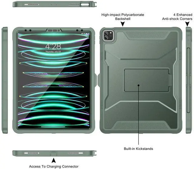 Alt view image 5 of 5 - Soke Case for iPad Pro 12.9 Inch 6th/5th/4th Generation(2022/2021/2020 Release), Rugged Shockproof Protective Cover with Built-in Kickstand for Apple iPad Pro 12.9 - Calke Green