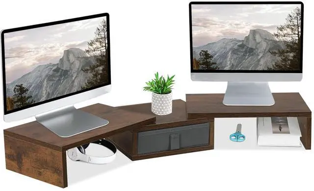 Main image of TEAMIX 3 Shelf Monitor Stand Riser With Drawer - Length and Angle Adjustable Dual Riser With Storage Corner Desk Shelf Organizer Large Computer Stand for 2 Monitors/Laptop (Brown, 1 Drawer)