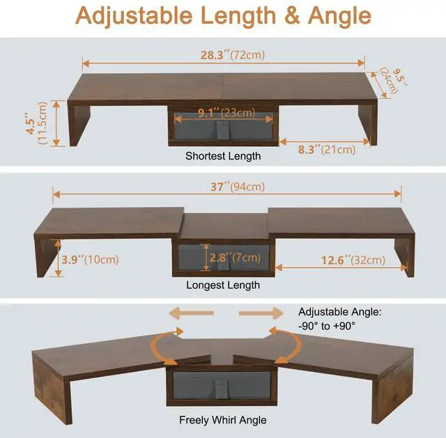 Alt view image 4 of 5 - TEAMIX 3 Shelf Monitor Stand Riser With Drawer - Length and Angle Adjustable Dual Riser With Storage Corner Desk Shelf Organizer Large Computer Stand for 2 Monitors/Laptop (Brown, 1 Drawer)