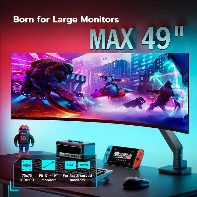 Alt view image 3 of 5 - ARES WING Ultrawide Monitor Arm for 17 to 49 Inch Heavy Duty Curved Screen, Holds 44 Lbs, Adjustable Gas Spring Monitor Arm Desk Mount with C Clamp, Grommet Base, 75/100 Vesa Mount, Black