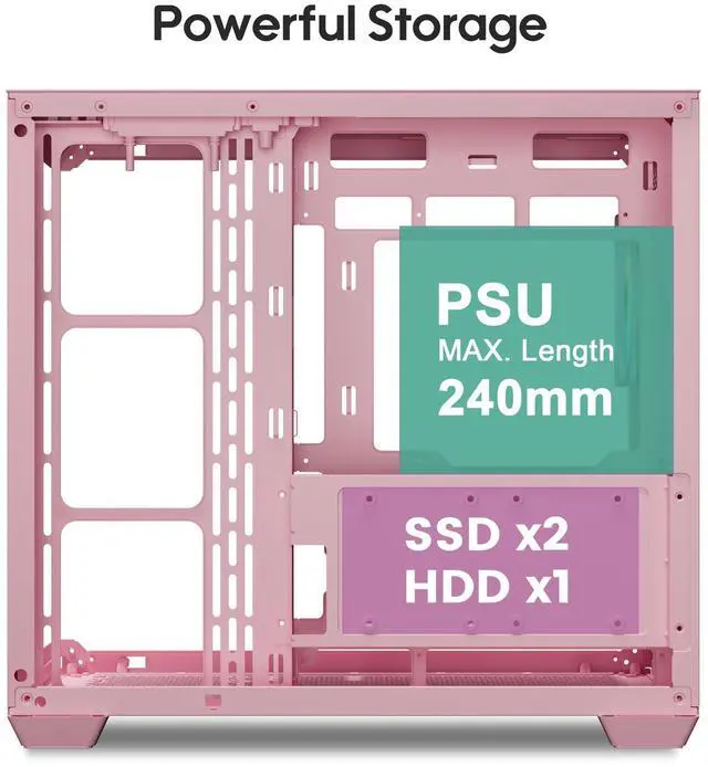 Alt view image 4 of 5 - Vetroo AL900 ATX PC Case with 270° Full View Tempered Glass, Pre-Installed ARGB & PWM FDB Fan, Supports 360mm Radiator & 10 Fans, Type-C Ready, for 50 Series GPUs (Pink)