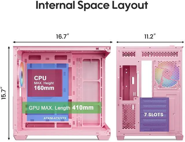 Alt view image 3 of 5 - Vetroo AL900 ATX PC Case with 270° Full View Tempered Glass, Pre-Installed ARGB & PWM FDB Fan, Supports 360mm Radiator & 10 Fans, Type-C Ready, for 50 Series GPUs (Pink)