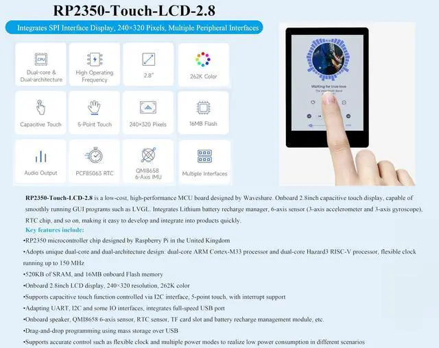 Alt view image 3 of 5 - RP2350 2.8inch Capacitive Touch Display Development Board, 240x320, IPS LCD Screen, 5-Point Touch, SPI Interface, Accelerometer and Gyroscope Sensor, Dual-Core & Dual-Architecture Design