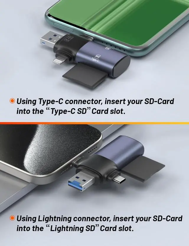 Alt view image 2 of 4 - ZOIOT for iPhone Lightning+USB-C+USB3.0 SD Card Reader iPad Android Mac PC, Memory Card Reader with Three Connectors, for SDXC,SDHC,SD,MMC, RS-MMC,Micro SDXC,Micro SD,Micro SDHC Card, UHS-I Cards