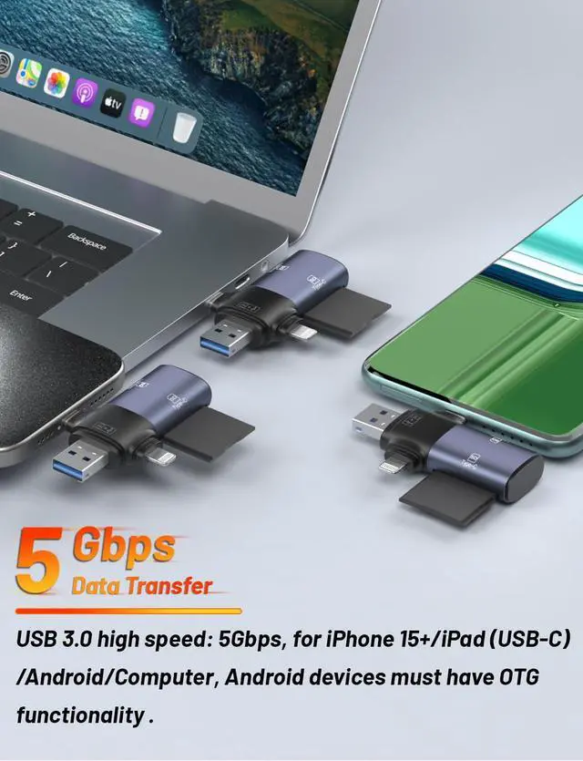 Alt view image 3 of 4 - ZOIOT for iPhone Lightning+USB-C+USB3.0 SD Card Reader iPad Android Mac PC, Memory Card Reader with Three Connectors, for SDXC,SDHC,SD,MMC, RS-MMC,Micro SDXC,Micro SD,Micro SDHC Card, UHS-I Cards