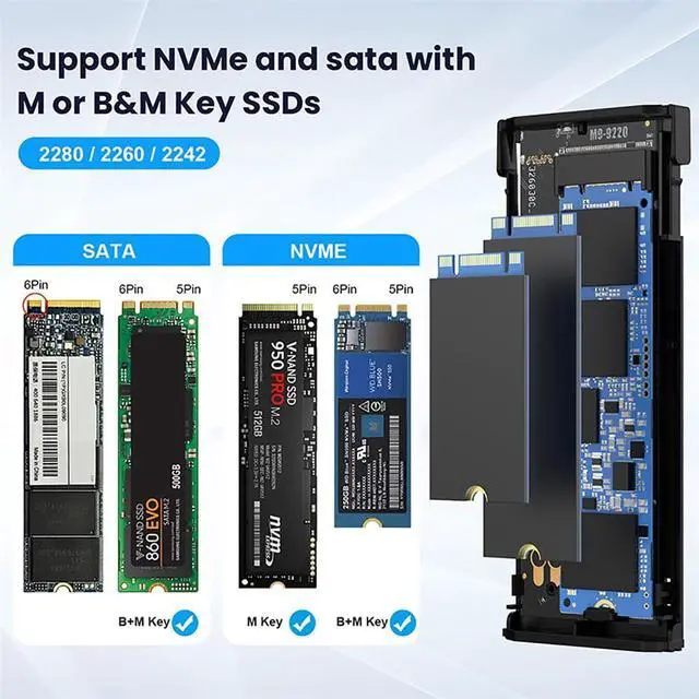 Alt view image 2 of 5 - Cablecc USB4 20Gbps Type-C USB3.2 to NGFF M-Key M.2 NVME SATA SSD PCBA Enclosure 2280/2242/2260mm RTL9220