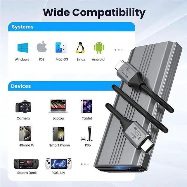 Alt view image 3 of 5 - Cablecc USB4 20Gbps Type-C USB3.2 to NGFF M-Key M.2 NVME SATA SSD PCBA Enclosure 2280/2242/2260mm RTL9220