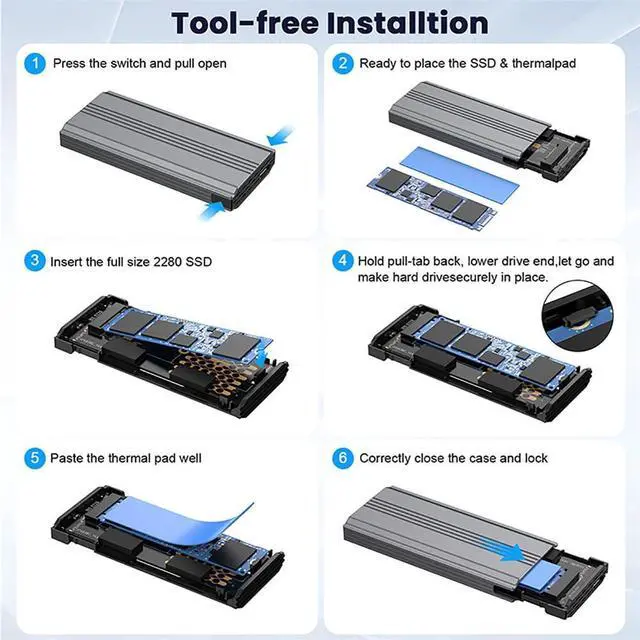 Alt view image 5 of 5 - Cablecc USB4 20Gbps Type-C USB3.2 to NGFF M-Key M.2 NVME SATA SSD PCBA Enclosure 2280/2242/2260mm RTL9220