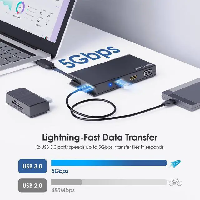 Alt view image 4 of 5 - WAVLINK USB 3.0 Mini Docking Station Dual Display, 2K HDMI, 2K VGA, 9 in 1 Adapter with Detachable SD/TF Card Read, 1Gbps Ethernet Port, 5Gbps USB3.0 for Laptop Windows MacOS