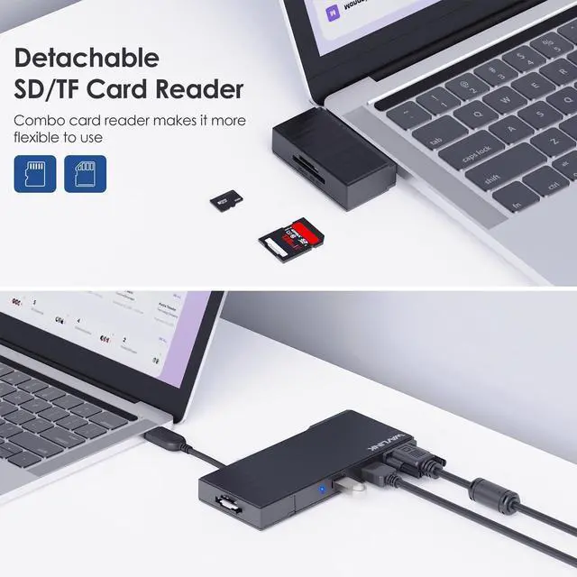 Alt view image 5 of 5 - WAVLINK USB 3.0 Mini Docking Station Dual Display, 2K HDMI, 2K VGA, 9 in 1 Adapter with Detachable SD/TF Card Read, 1Gbps Ethernet Port, 5Gbps USB3.0 for Laptop Windows MacOS