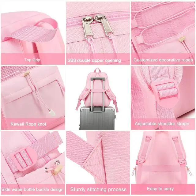 Alt view image 5 of 5 - Sunborls School Travel Laptop Backpack Teen Girls Weekend Leisure Vacation Rucksacks Unisex 15.6in Handmade Rope Decoration Student Cute Lightweight High-Capacity The Gift Bookbag (Pink)