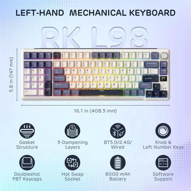 Alt view image 2 of 5 - RK ROYAL KLUDGE L98 Wireless Mechanical Keyboard w/Left-Handed Southpaw Design Numpad & Hot Swappable Knob, Tri-Mode 95% Keyboard BT/2.4G/USB-C, Pro Software, Gasket Mount, Massive 8000mAh Battery