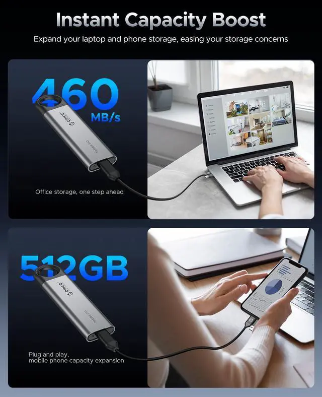 Alt view image 4 of 5 - ORICO 512GB External SSD - Ultra-Fast 460MB/s Speed, Hanging Hook Design, Plug & Play, USB-C & A 2-in-1 Cable, Durable & Portable Storage for USB-C Smartphones, Tablets, Laptops - C5