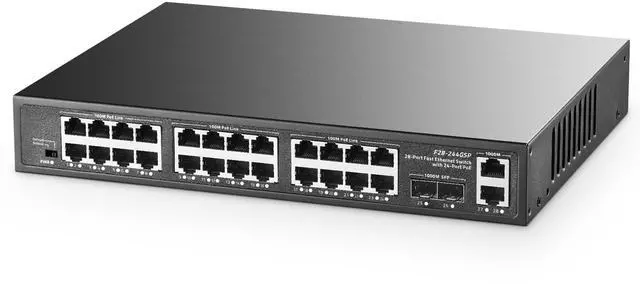 Main image of Binardat 28 Port POE Switch, 24 POE+ Ports 100Mbps, 2 Gigabit Uplink, 2 Gigabit SFP, IEEE802.3af/at, 450W High Power, Metal Case Unmanaged Plug and Play RackMount Ethernet Switch