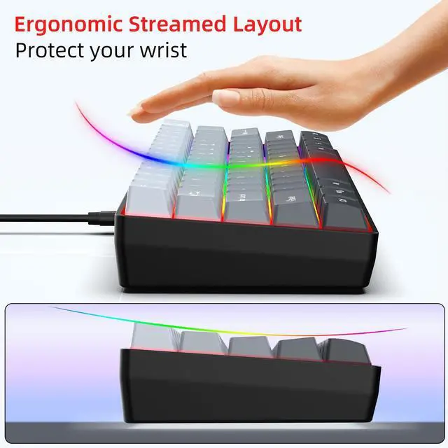 Alt view image 5 of 5 - Snpurdiri 60% Wired Gaming Keyboard, 61 Keys RGB Backlit Ultra-Compact Small Gaming Keyboard, for PC/Mac Gamer, Typist, Travel, Easy to Carry on Business Trip (Grey-Black)