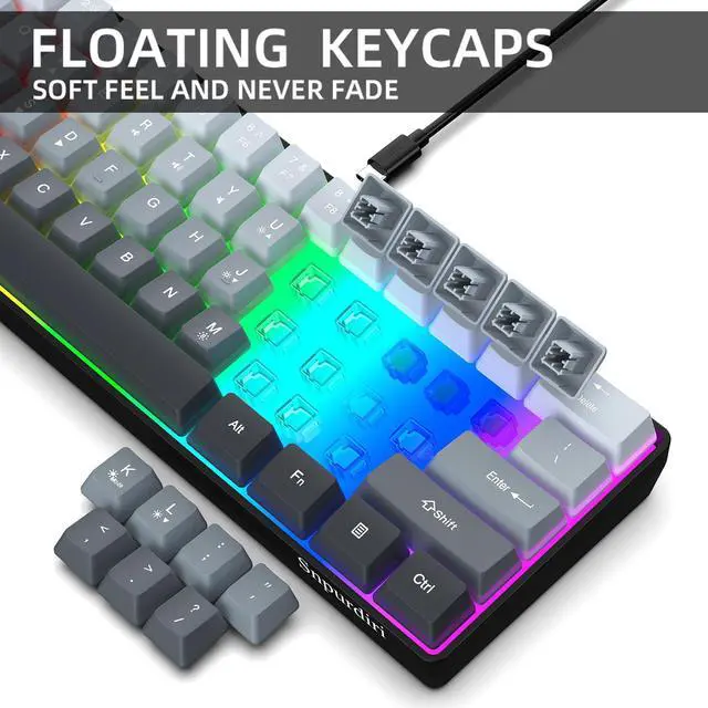 Alt view image 4 of 5 - Snpurdiri 60% Wired Gaming Keyboard, 61 Keys RGB Backlit Ultra-Compact Small Gaming Keyboard, for PC/Mac Gamer, Typist, Travel, Easy to Carry on Business Trip (Grey-Black)