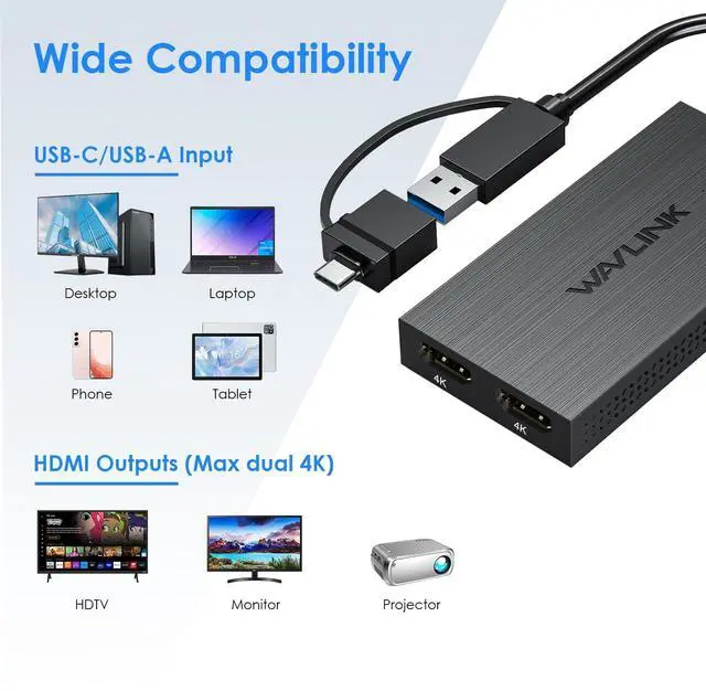 Alt view image 3 of 4 - WAVLINK USB-C & USB-A to Dual HDMI Adapter 4K@60Hz for 2 Monitors, DisplayLink Certified, Compatible with Mac M1/M2/M3, Windows, ChromeOS, Android, HarmonyOS (No Linux/iPad/iOS/HDCP)