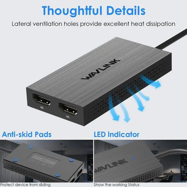 Alt view image 4 of 4 - WAVLINK USB-C & USB-A to Dual HDMI Adapter 4K@60Hz for 2 Monitors, DisplayLink Certified, Compatible with Mac M1/M2/M3, Windows, ChromeOS, Android, HarmonyOS (No Linux/iPad/iOS/HDCP)