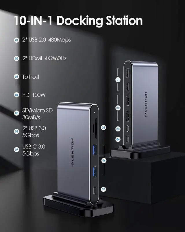 Alt view image 2 of 5 - LENTION 10-in-1 Detachable USB C Laptop Docking Station with Dual 4K@60Hz HDMI, PD Charging, USB C, USB-A, SD/Micro Card Readers, 3.3ft Host Cable for Mac, MacBook, Windows use (D62