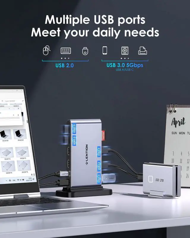 Alt view image 5 of 5 - LENTION 10-in-1 Detachable USB C Laptop Docking Station with Dual 4K@60Hz HDMI, PD Charging, USB C, USB-A, SD/Micro Card Readers, 3.3ft Host Cable for Mac, MacBook, Windows use (D62