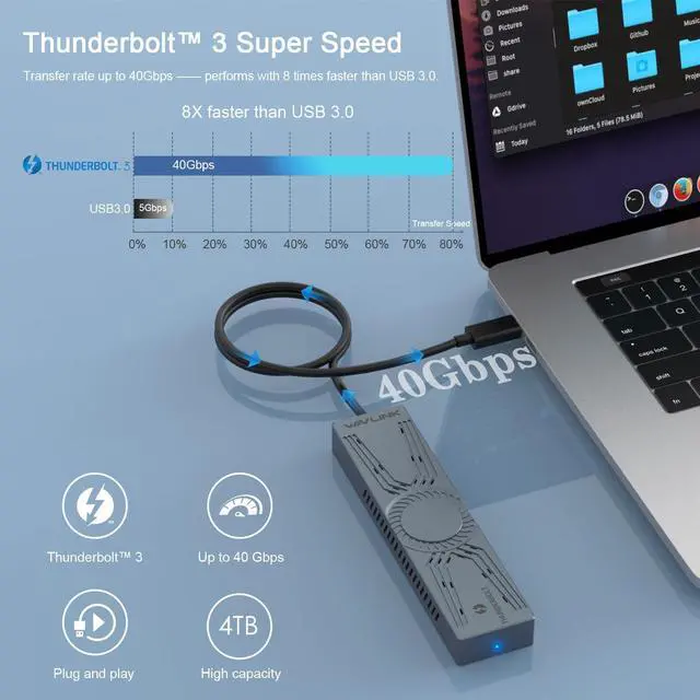 Alt view image 2 of 5 - WAVLINK NVMe Enclosure for PCIe 2280 SSD, Thunderbolt 3 40Gbps to M/B+M Key M.2 Enclosure, Compatible with Thunderbolt 4/3/USB 4, NVMe SSD Enclosure with High Performance Heatsink, up to 4TB
