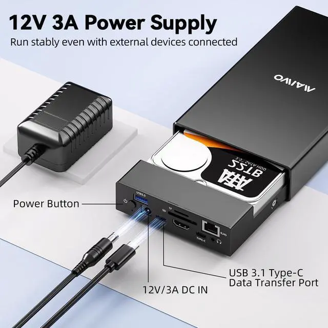 Alt view image 4 of 5 - MAIWO USB C Hard Drive Enclosure for 2.5 3.5 Inch SATA SSD HDD with Laptop Dpcking Station USB Hubs Extension, USB-A 3.0, USB-C 3.1, SD/TF Card, HDTV, Gigabit Ethernet, Aluminium Alloy Case