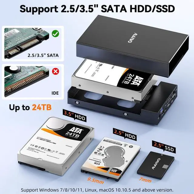 Alt view image 5 of 5 - MAIWO USB C Hard Drive Enclosure for 2.5 3.5 Inch SATA SSD HDD with Laptop Dpcking Station USB Hubs Extension, USB-A 3.0, USB-C 3.1, SD/TF Card, HDTV, Gigabit Ethernet, Aluminium Alloy Case
