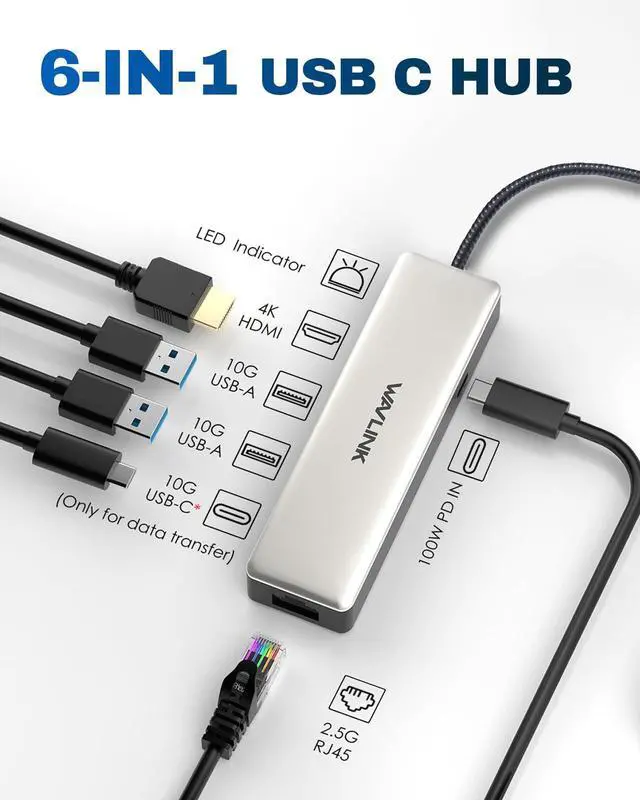 Alt view image 2 of 5 - USB C Hub 2.5G Ethernet, WAVLINK 10Gbps USB C 3.2 Hub with 100W Power Delivery, 4K@120Hz HDMI 2.1, 3*USB3.2 Gen 2, 2.5G RJ45 Ports, Fit for MacBook Pro/Air iPad Dell HP Lenovo Asus Acer