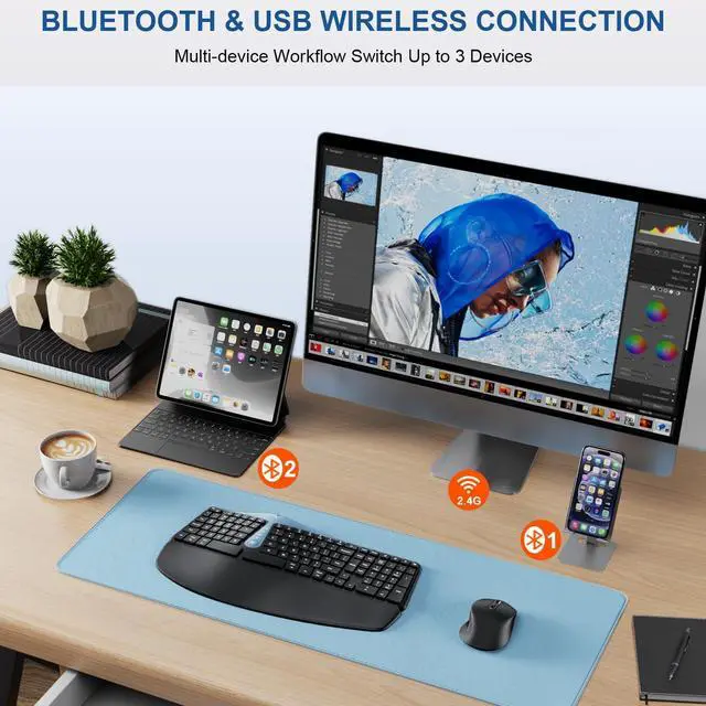 Alt view image 3 of 5 - Ergonomic Wireless Keyboard and Mouse, MK835 Ergo Bluetooth/2.4G Split Design Keyboard Mouse Combo with Cushioned Palm Rest, Multi-Device, Wave Keys, Rechargeable, for Windows/Mac/Android