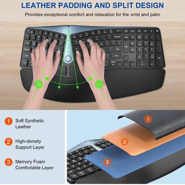 Alt view image 2 of 5 - Ergonomic Wireless Keyboard and Mouse, MK835 Ergo Bluetooth/2.4G Split Design Keyboard Mouse Combo with Cushioned Palm Rest, Multi-Device, Wave Keys, Rechargeable, for Windows/Mac/Android