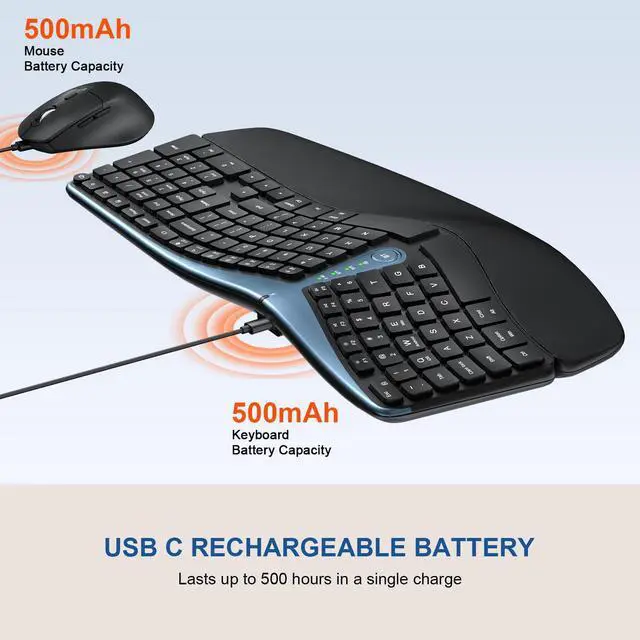 Alt view image 4 of 5 - Ergonomic Wireless Keyboard and Mouse, MK835 Ergo Bluetooth/2.4G Split Design Keyboard Mouse Combo with Cushioned Palm Rest, Multi-Device, Wave Keys, Rechargeable, for Windows/Mac/Android