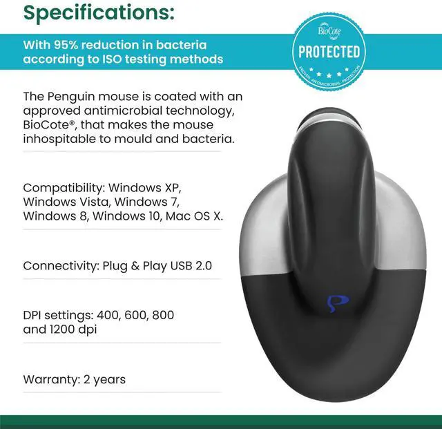 Alt view image 3 of 5 - Posturite Penguin Ambidextrous Wireless Ergonomic Mouse | Rechargeable, Alleviates RSI, Easy-Glide, Vertical Design, PC Computer & Apple Mac Compatible (Medium, Wireless)