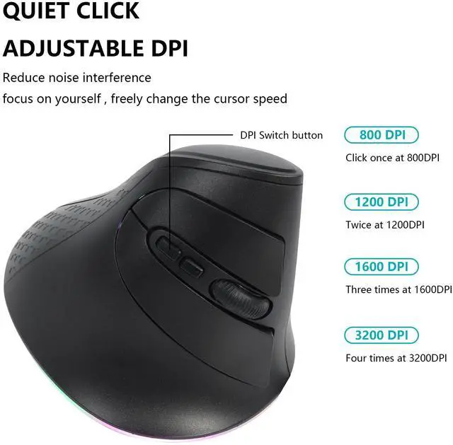 Alt view image 4 of 5 - Samudgate 2.4G Wireless Mouse Ergonomic Vertical Mouse Bluetooth Mouse RGB Optical Mouse with USB Receiver 7 Buttons 4 Adjustable DPI Cordless Computer Mice for PC Laptop Desktop,Black