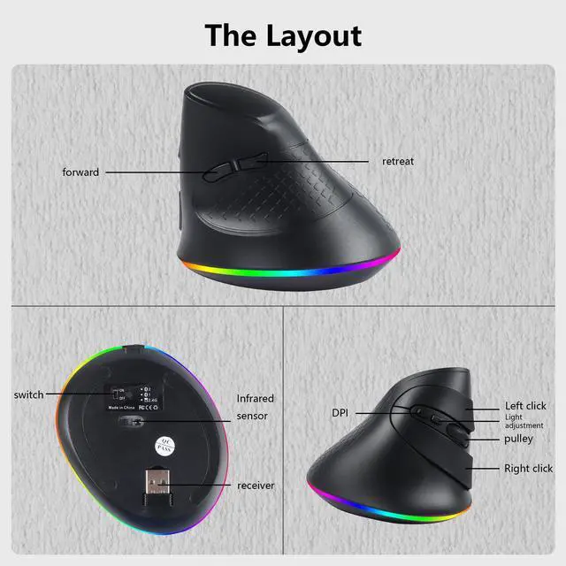 Alt view image 5 of 5 - Samudgate 2.4G Wireless Mouse Ergonomic Vertical Mouse Bluetooth Mouse RGB Optical Mouse with USB Receiver 7 Buttons 4 Adjustable DPI Cordless Computer Mice for PC Laptop Desktop,Black