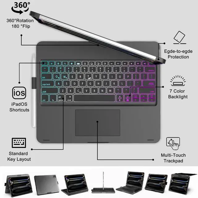 Alt view image 3 of 5 - Keyboard Case for iPad Pro 13-inch (M4, 2024), Trackpad, 360° Rotatable, Bluetooth Keyboard Cover, 7 Colors Backlit with Pencil Holder for iPad Pro 13 (SM-A2925/A2926/A3007), Auto Sleep/Wake, Black