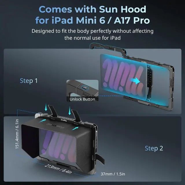 Alt view image 2 of 5 - SMALLRIG Cage for iPad mini 6 / A17 Pro, Metal Tripod Mount Adapter for iPad with 1/4"-20, 3/8"-16 Holes, Cold Shoe Mount, 8.3'' Tablet Clamp Monitor with Sun Hood-MD5058