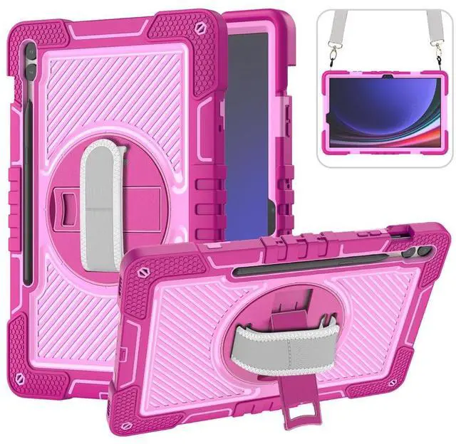 Main image of Shockproof Case for Samsung Galaxy Tab S10+/S9+/S9 FE+ 12.4" Tablet with Shoulder Strap, Techcircle Heavy Duty Rotating Kickstand Rugged Defender Case w/Adjustable Hand Strap, Rose+Pink
