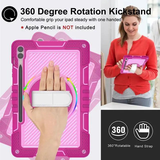 Alt view image 2 of 5 - Shockproof Case for Samsung Galaxy Tab S10+/S9+/S9 FE+ 12.4" Tablet with Shoulder Strap, Techcircle Heavy Duty Rotating Kickstand Rugged Defender Case w/Adjustable Hand Strap, Rose+Pink