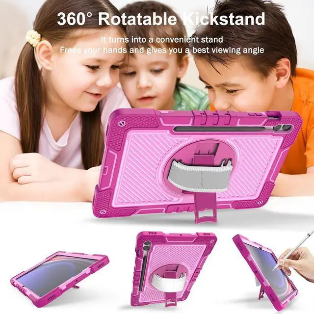 Alt view image 3 of 5 - Shockproof Case for Samsung Galaxy Tab S10+/S9+/S9 FE+ 12.4" Tablet with Shoulder Strap, Techcircle Heavy Duty Rotating Kickstand Rugged Defender Case w/Adjustable Hand Strap, Rose+Pink