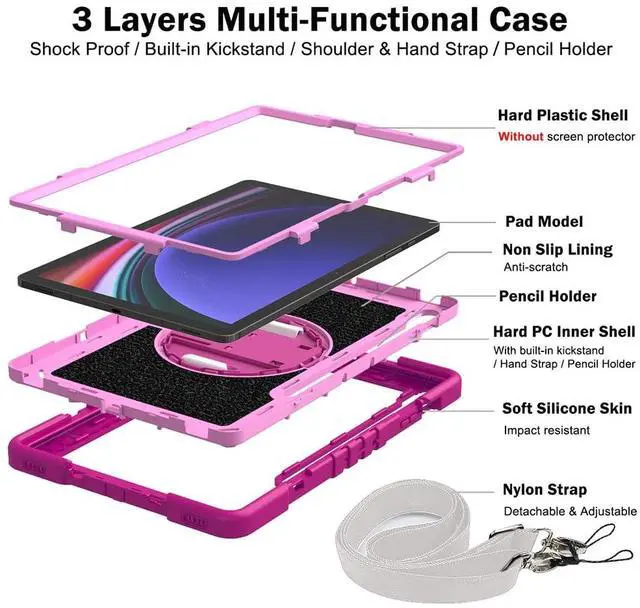 Alt view image 4 of 5 - Shockproof Case for Samsung Galaxy Tab S10+/S9+/S9 FE+ 12.4" Tablet with Shoulder Strap, Techcircle Heavy Duty Rotating Kickstand Rugged Defender Case w/Adjustable Hand Strap, Rose+Pink