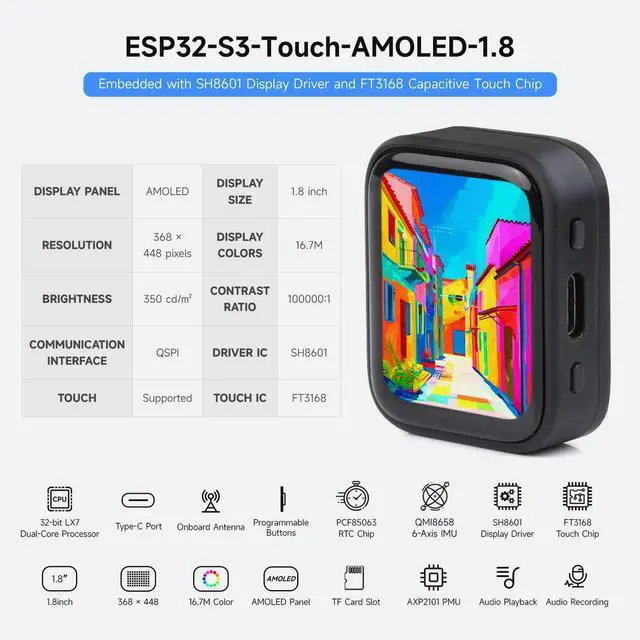 Alt view image 3 of 5 - Waveshare ESP32-S3 1.8inch AMOLED Touch Display, Embedded with SH8601 Display Driver and FT3168 Capacitive Touch Chip, ESP32 with Display,32-bit LX7 Dual-core Processor, 368×448 Pixels